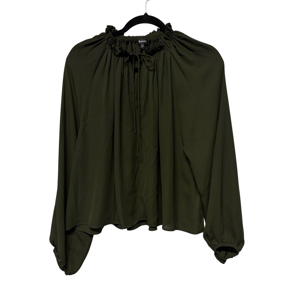 Madewell Olive Green Smocked Ruffle Neck Tie Front Blouse Top Medium